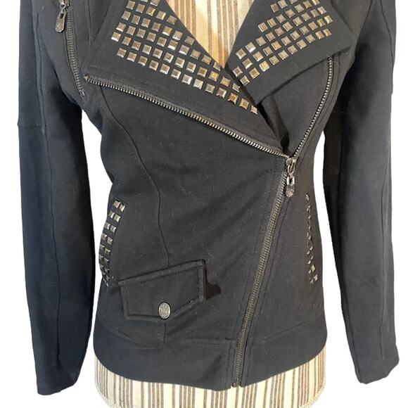 BCBGMaxAzria Black Embellished Logo Long Sleeve Full Zip Moto Jacket Women SZ MP - Picture 4 of 8